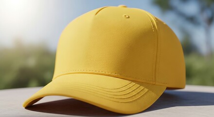 Fototapeta premium Clean yellow baseball cap template for logo design and branding, displayed outdoors in sunny, natural light.