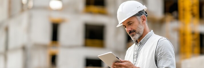 Site supervisor reviews project details on tablet while overseeing construction site with unfinished block structure