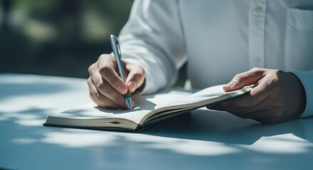 Person writing in notebook with pen on table