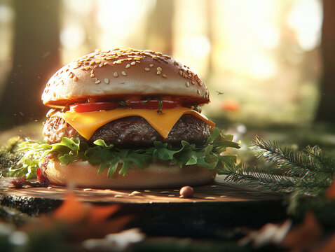 Delicious cheeseburger with lettuce and tomato resting on wooden surface in forest setting during sunset
