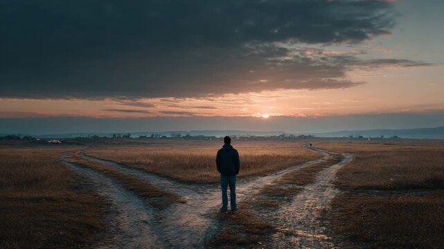 A lone figure stands at a crossroads as the sun sets. Two paths diverge through a field under a dramatic, cloudy sky. A distant silhouette