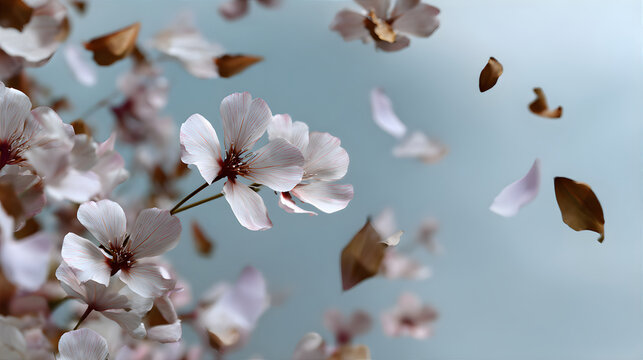 White flowers with falling petals and leaves against a clear sky for a spring or summer background.