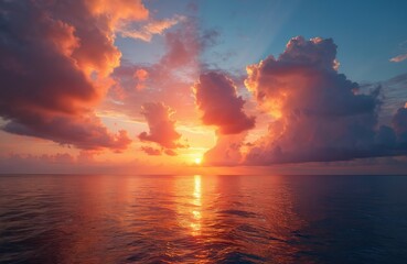 Serene sunrise over calm ocean. Orange, pink hues in sky, sun peeking over horizon. Ocean mirrors sky colors, light blue surface. Scattered clouds add depth to scene. Horizon line clearly visible,
