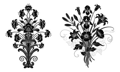Vector art of two black floral arrangements isolated on white background
