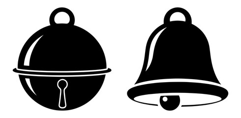 Vector art of two black silhouette bells, one round and one classic, isolated on white background for sound and alerts