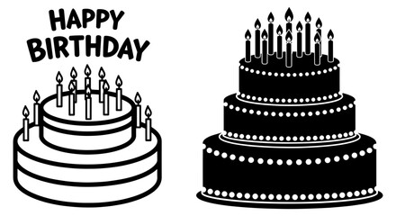 Vector art of happy birthday cake with candles and a larger cake with candles isolated on white background