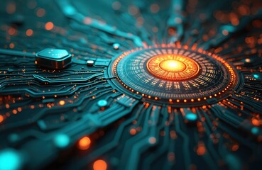 Abstract digital network with interconnected circuitry in teal, orange. Futuristic complex technical elements with swirling patterns, glowing central focus point. Design signifies advanced