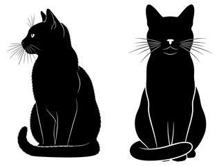 Vector art of two black cats sitting, one in profile and one facing forward, isolated on white background