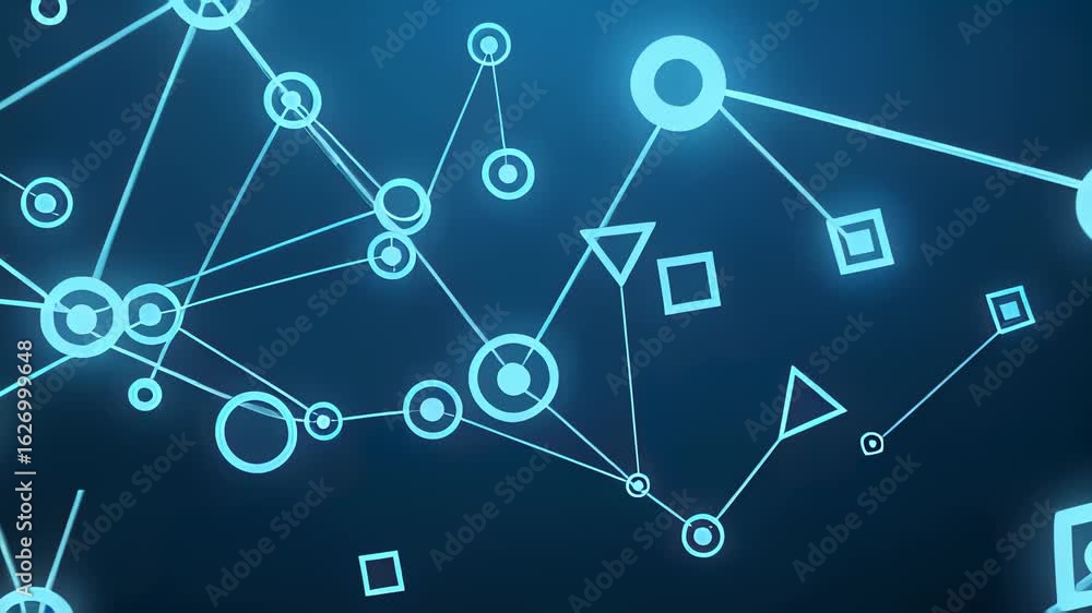Poster dynamic zoom into a network of glowing geometric shapes illustrating technology