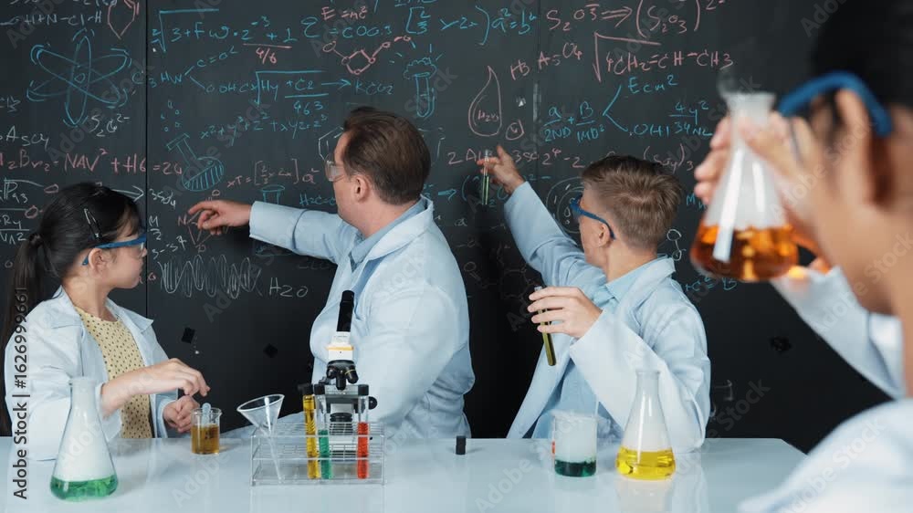 Poster smart teacher explain about chemical theory while student mixing colored solution or doing experimen