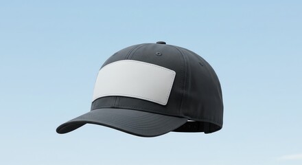 A dark grey baseball cap with a blank white rectangular patch against a light blue background.