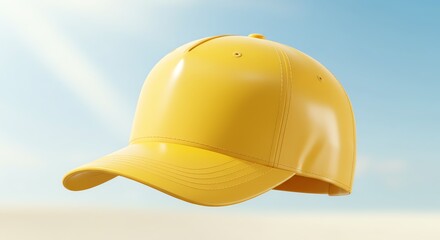 Fototapeta premium A vibrant, glossy yellow baseball cap floating against a bright blue sky background.