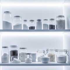 Organized pantry shelves display glass containers filled with dry goods.