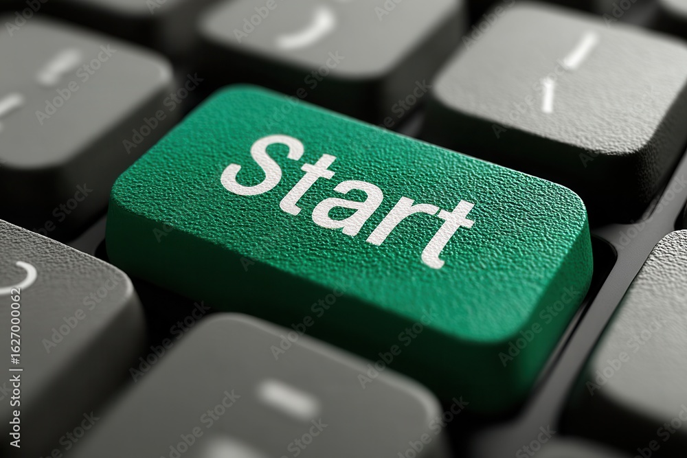 Poster close-up view of a green start button on a keyboard for business concepts