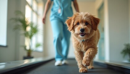Small fluffy dog walks on treadmill in veterinary clinic for physical therapy, rehabilitation. Canine exercise therapy promotes recovery, mobility, strength. Veterinarian therapist guides dog during