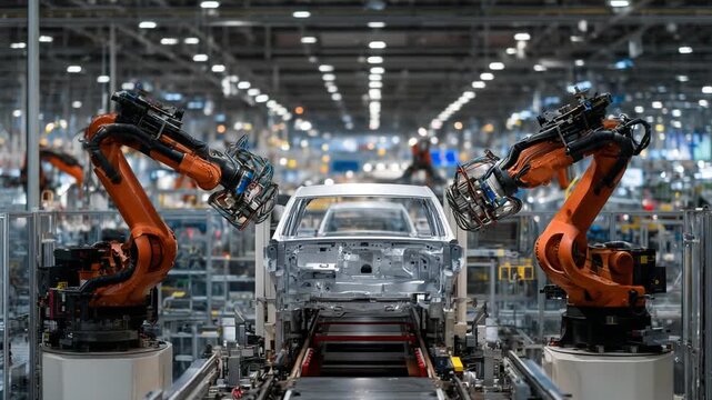 Autonomous robots expertly fit aerodynamic body panels on electric cars, showcasing precision craftsmanship under gleaming industrial lights.
