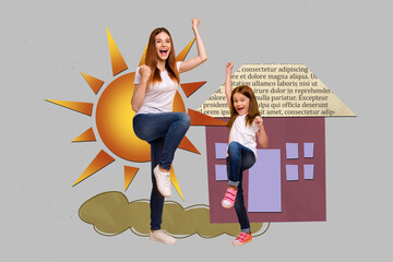 Pop collage of people jump win stand front image house with sun over grey color background