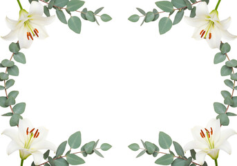 Naklejka premium Floral Design Border with White Lilies and Eucalyptus Leaves on Transparent Background - Elegant Decor for Invitations and Crafts