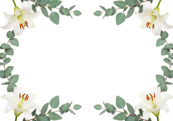 Floral Design Border with White Lilies and Eucalyptus Leaves on Transparent Background - Elegant Decor for Invitations and Crafts
