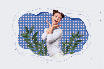 Creative pop poster sketch art collage of happy woman stand leaves branch spring summer season event celebration park outside