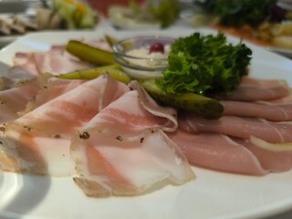 Delicious sliced meat on a plate with herbs