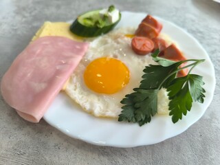 morning breakfast on white plate with fried eggs and fried sausages