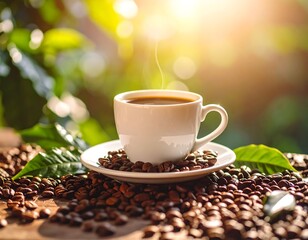 Hot coffee cup, sunlit garden setting