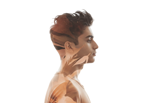 Profile Portrait of a Person with Nature Overlay on Transparent Background in Creative Environment