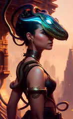 Medusa Gorgon, a young beautiful woman with a snake head, ai generation