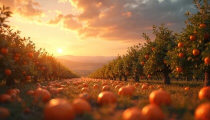 Serene orchard scene at sunset with orange, pink hues. Tall trees heavy with ripe oranges stand proud, branches laden with fruit. Fallen leaves carpet ground, autumn atmosphere. Low angle emphasizes