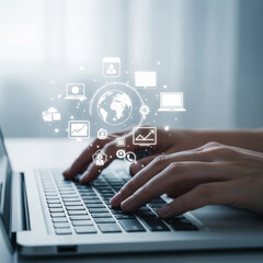 Hands Typing on Laptop with Digital Network Interface