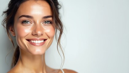 Naklejka premium Portrait of young woman with clear skin, natural makeup, soft smile. Exudes confidence, radiance with healthy, glowing complexion, bright eyes against simple background. Lifestyle shot captures