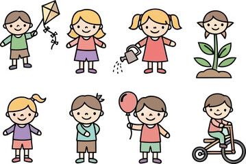 Cartoon Children Engaged in Various Activities Illustration for Education and Creative Projects depicting boys and girls playing