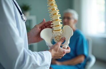 Doctor holds anatomical model showing human pelvis, spine to patient in clinic. Medical pro explains bone structure, anatomy, health care to listener. Focused consultation on body, skeleton, disease,