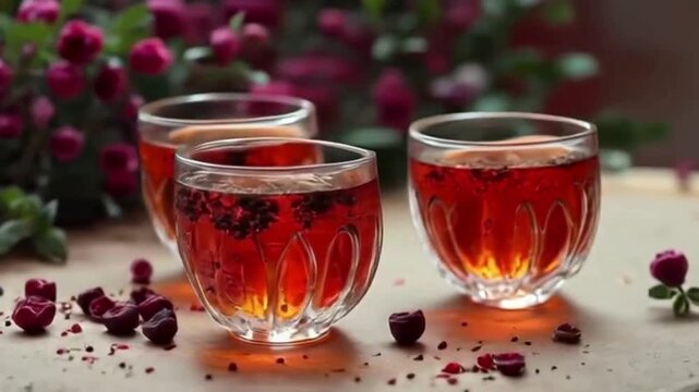Red beverage sparkles. Glass cups feature a traditional look on a textured table surface. Ideal for product photography, branding, or social media content.