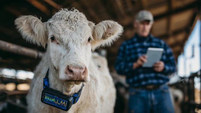 Smart sensor collar on cow monitors vital signs, while farmer uses AI dashboard on mobile for enhanced animal welfare.
