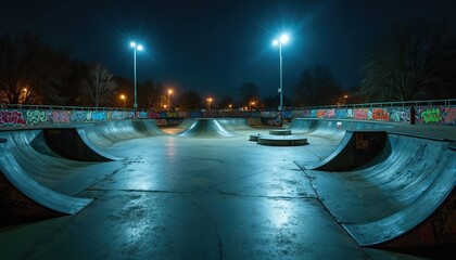 Deserted skate park at night, illuminated by glowing street lights. Vibrant graffiti adorns walls. Concrete ramps and bowls reflect cool blue and yellow light, creating moody urban atmosphere.