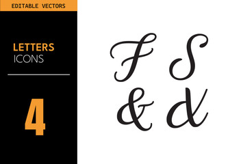 Calligraphic typography icon set. Featuring elegant script letters F, S, &, and d with decorative flourishes. Vector design in black and white