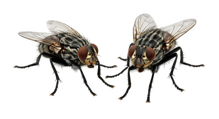 Fototapeta premium Two houseflies isolated on transparent background in a detailed macro shot