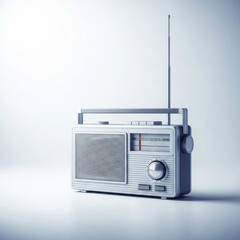Obraz premium Vintage portable radio with extended antenna on a light background.