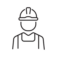 Single icon of construction worker wearing helmet and vest in outline style. Editable stroke vector illustration.