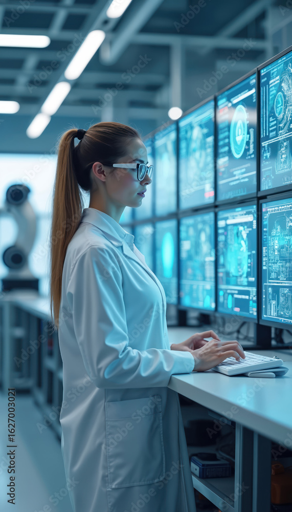 Poster female stem engineer works with microelectronics design using ai in high-tech lab. woman scientist i