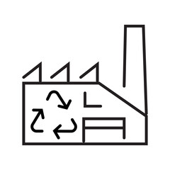 Single icon of recycling facility with arrows and bins in outline style. Editable stroke vector illustration.