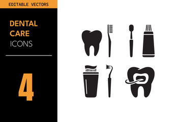 Dental care icon set. Containing tooth, toothbrush, toothpaste, dental floss, hygiene tools, oral health symbols and more. Vector illustration