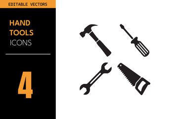 Hand tools icon set. Containing hammer, wrench, screwdriver, saw, repair tools, construction elements, hardware symbols and more. Vector illustration