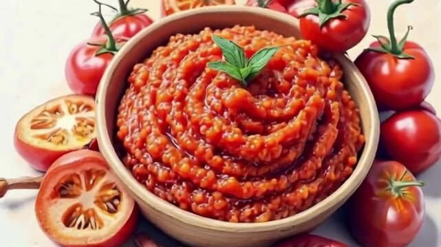 Textured Red Tomato Paste fills a wooden bowl. Use for product photography, restaurant menus, food blog, recipe demo, food photography, social media.