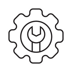 Single icon of mechanical engineering with gear and wrench symbol in outline style, editable stroke vector illustration.