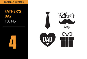 Father's Day icon set. Includes necktie, mustache text, heart with “DAD,” and gift box. Minimalist black and white vector design for greeting use