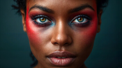 A woman with bright, colorful makeup that includes vibrant shades of red and blue around her eyes and cheeks.