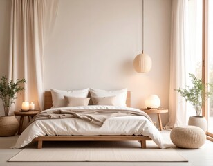 minimal wellness room with daybed and aroma lamp, soft neutral tones, cinematic photorealistic style